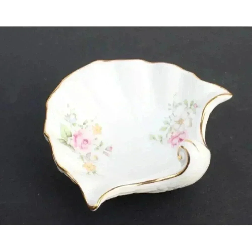 Vtg Oakley China Ltd Footed Sea Shell Trinket Dish Pink Flowers w/ Gold Trim